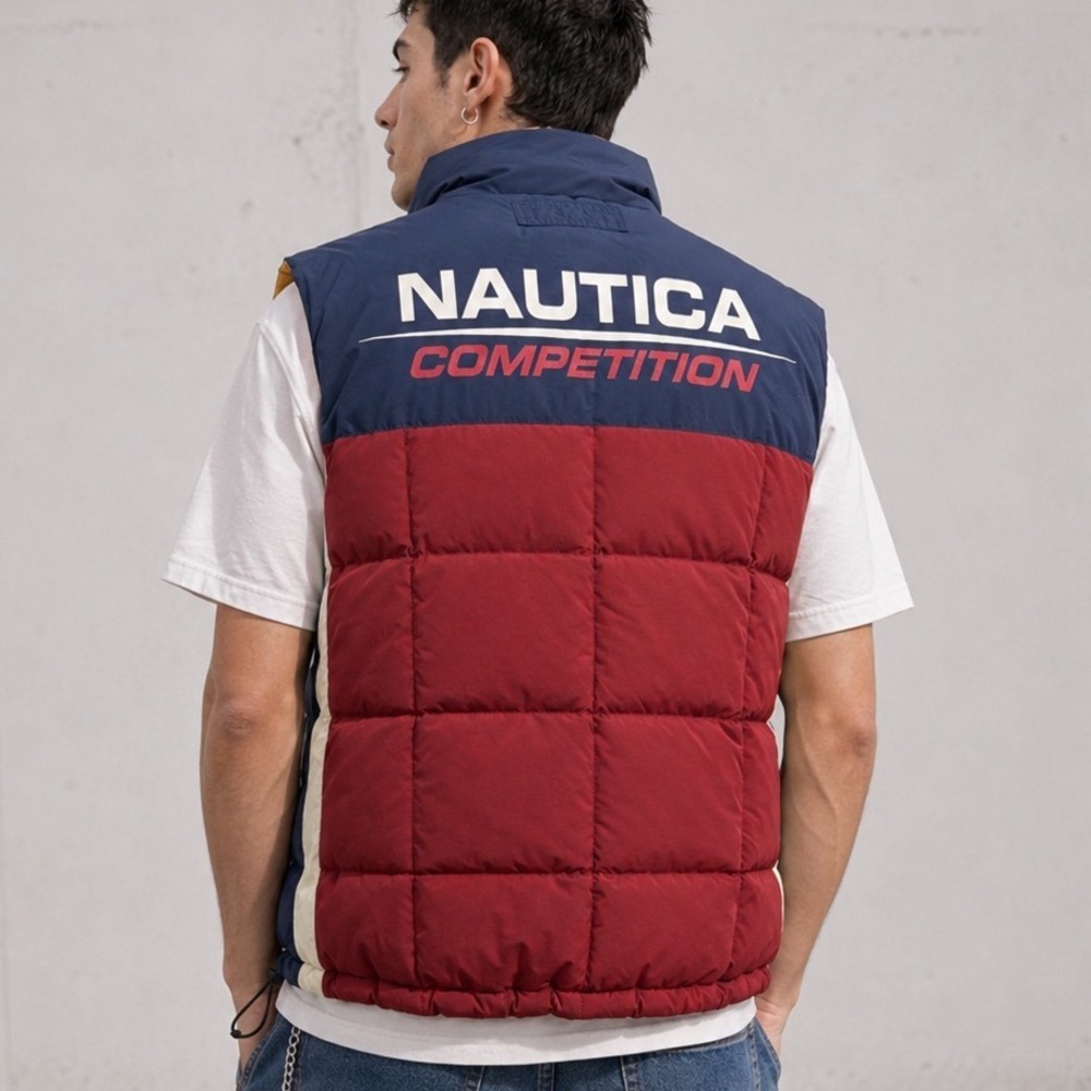 Vtg Nautica Competition Men's Puffer Vest M Reversible Duck Down Colorblock 90s